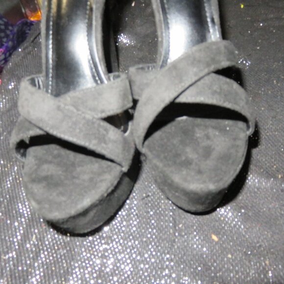 Black Suede Leather Platform Ankle Strap Chunky Heeled Stilettos sz 41 US 10.5 - Picture 3 of 10